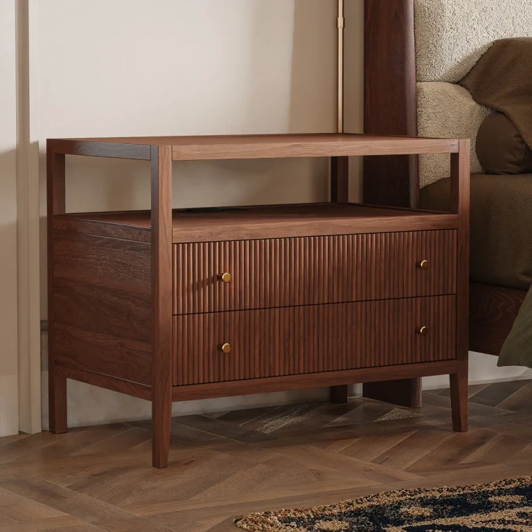 30" Wide Long Modern Smart Nightstand Fluted Bedside Table with 2 Drawers & Charging Station in Gold Handles
