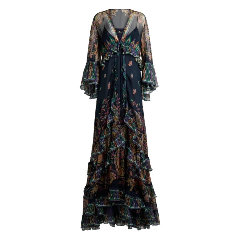 Etro Maxi Flared Dress With See-Through Sleeves Blue Abito - Women