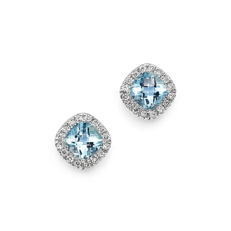 Aquamarine Cushion Cut and Diamond Stud Earrings in 14K White Gold