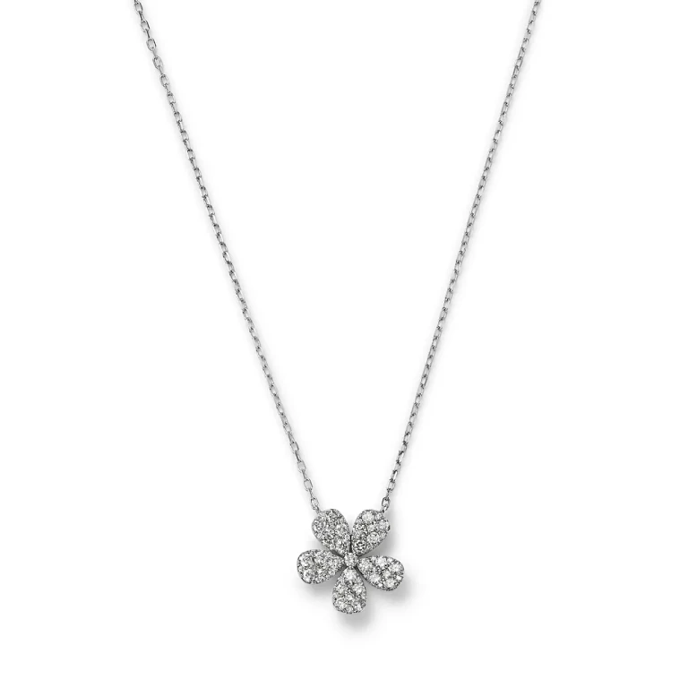 Diamond Pave Flower Pendant Necklace in 14K White Gold, 0.75 tcw