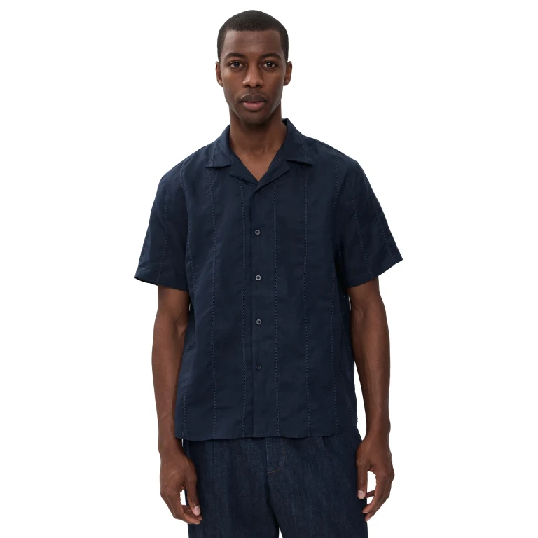 Vince Linen Eyelet Stripe Short Sleeve Cabana Shirt Coastal XXL