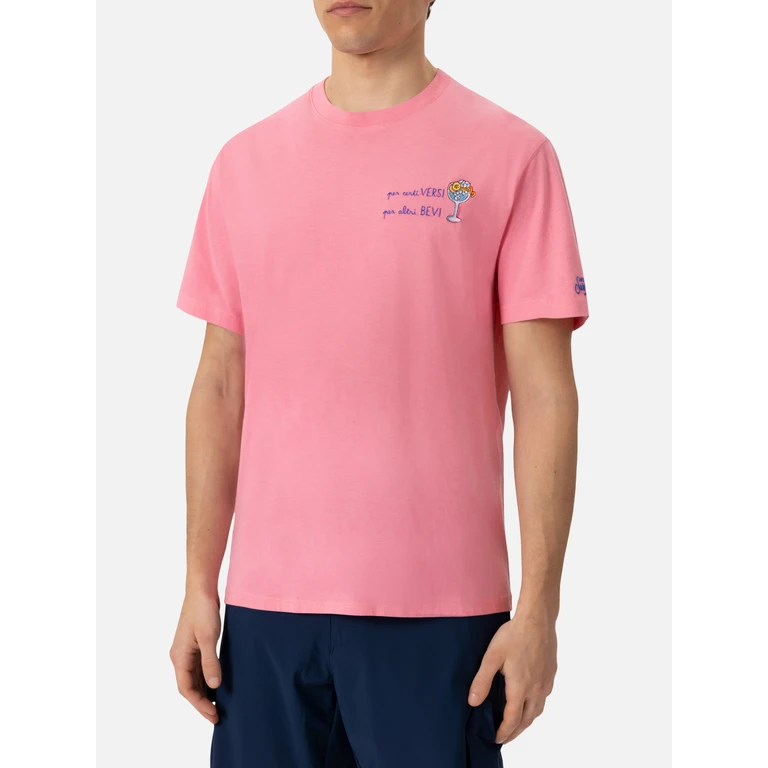 Mc2 Saint Barth Classic Fit Cotton Jersey T-Shirt Portofino With Per Certi Versi, Altri Bevi Embroidery Pink - Men