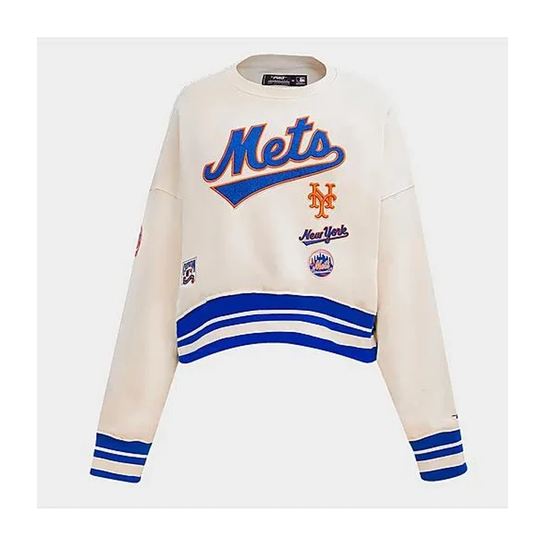 Pro Standard Women's New York Mets MLB Retro Classic Rib Fleece Crewneck Sweatshirt in Royal/Orange/Royal Size: XS