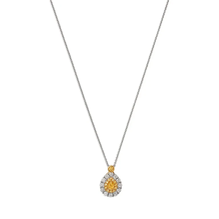 Yellow & White Diamond Pear Halo Pendant Necklace in 18K Yellow & White Gold, 0.74 tcw