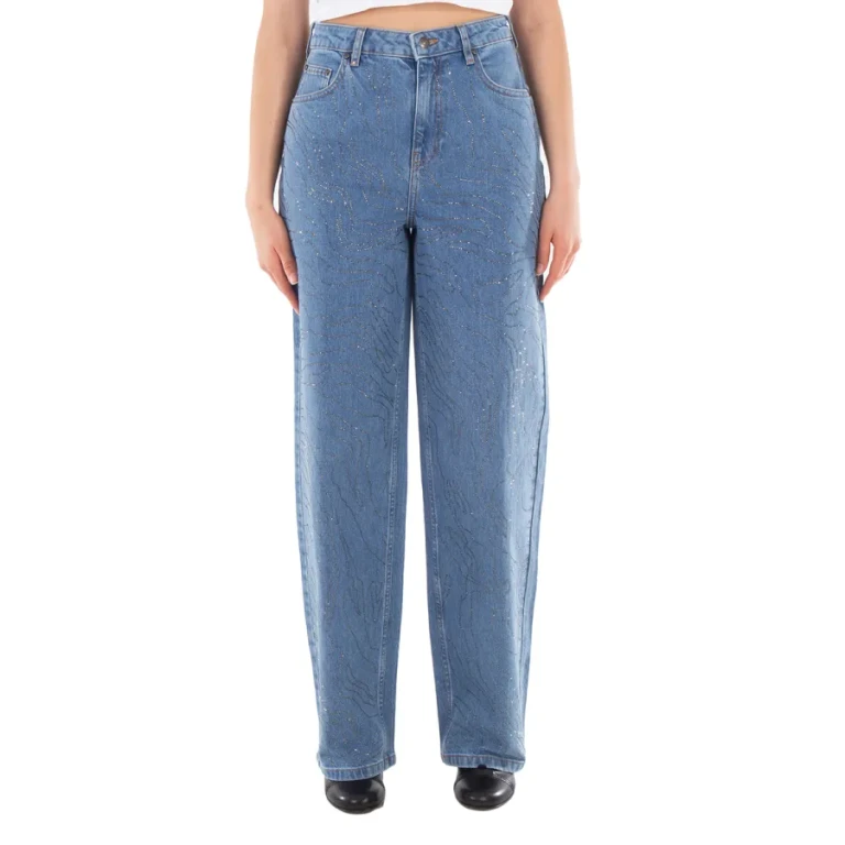 Rotate Ladies Light Blue Denim Rhinestone Wide Leg Jeans