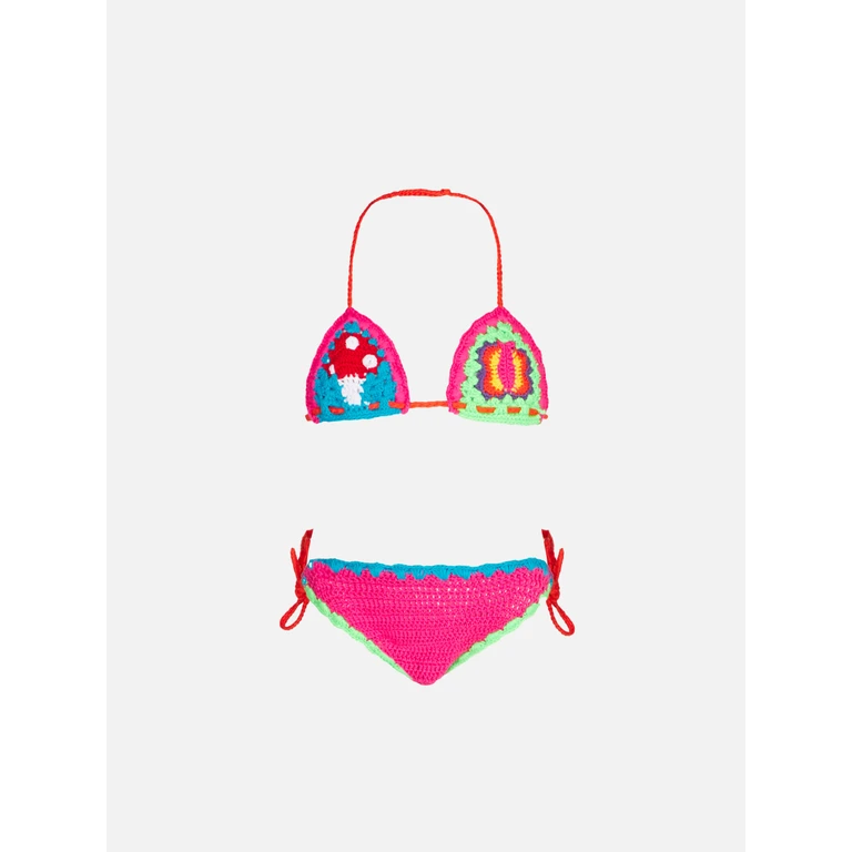 Mc2 Saint Barth Girl Multicolor Crochet Bikini With Patches Pink
