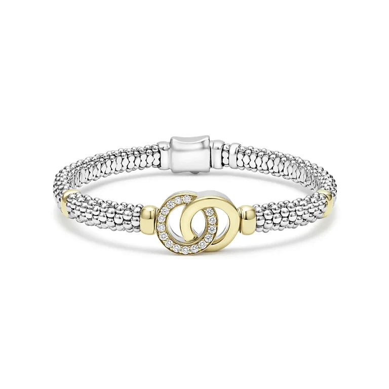 Lagos Sterling Silver & 18K Yellow Gold Diamond Interlocking Caviar Bracelet