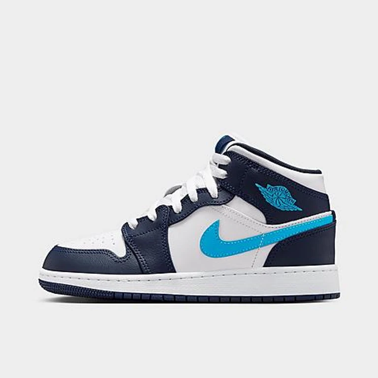 Jordan Big Kids Air Retro 1 Mid Casual Shoes in Obsidian/White/Dark Powder Blue Size: 3.5