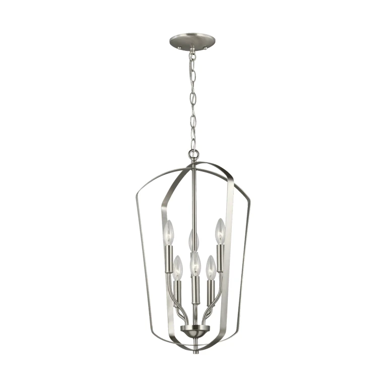Brushed Nickel Six Light Hall Foyer Pendant from the Romee Collection