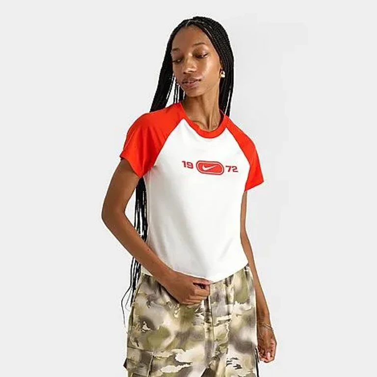 Nike Women's Sportswear Chill Knit Slim Graphic T-Shirt in Sail/Picante Red Size: XS