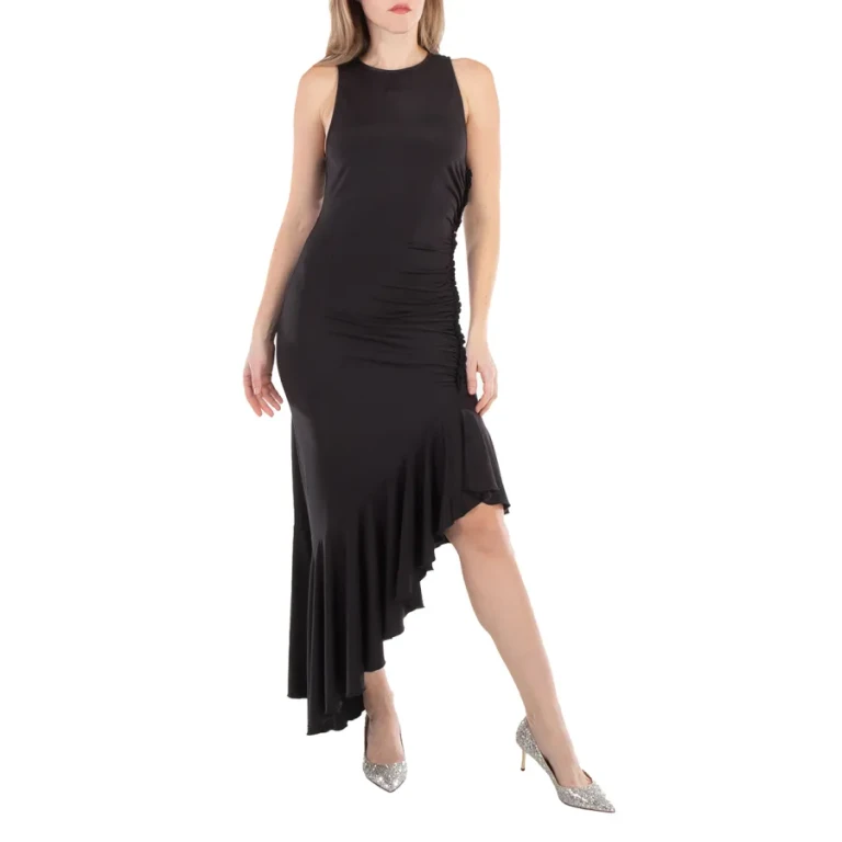 Rotate Ladies Black Gathered Asymmetric Midi Dress