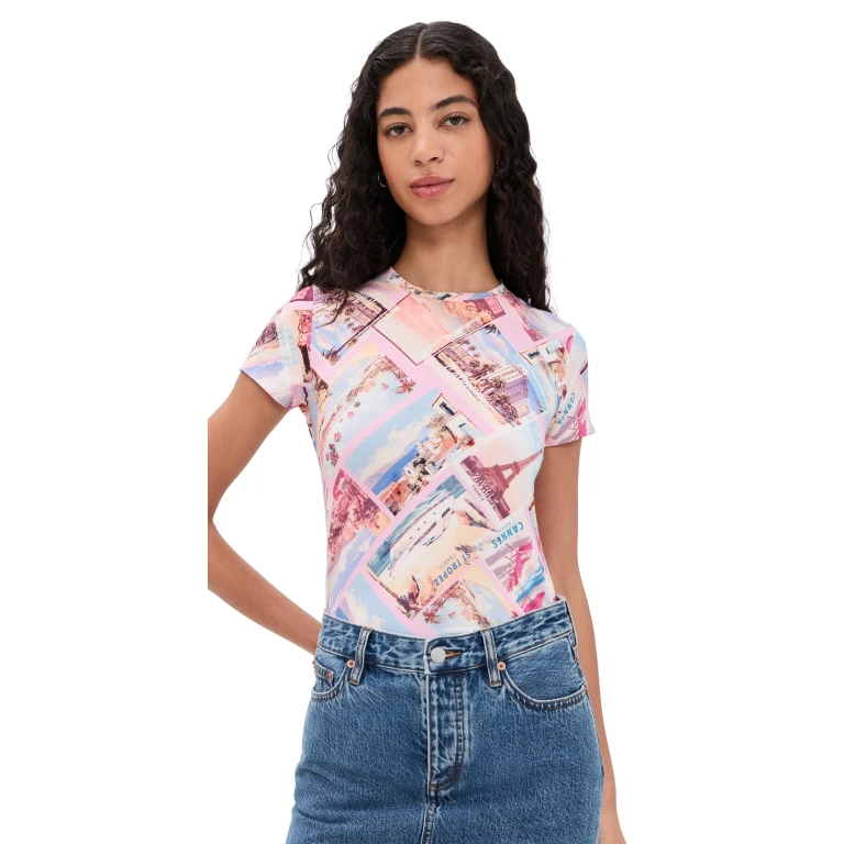 L'AGENCE Ressi Postcard Crew Tee Pink Postcard Print XL