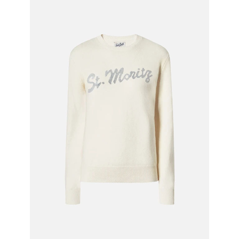 Mc2 Saint Barth Louise Cashmere Sweater White With St. Moritz Rhinestone Appliqué Black - Women