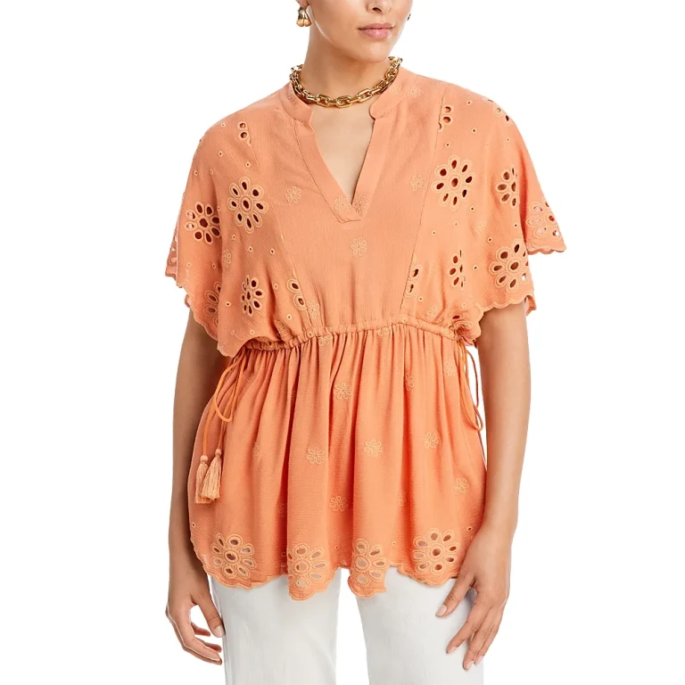 T Tahari Split Neck Drawstring Waist Eyelet Blouse