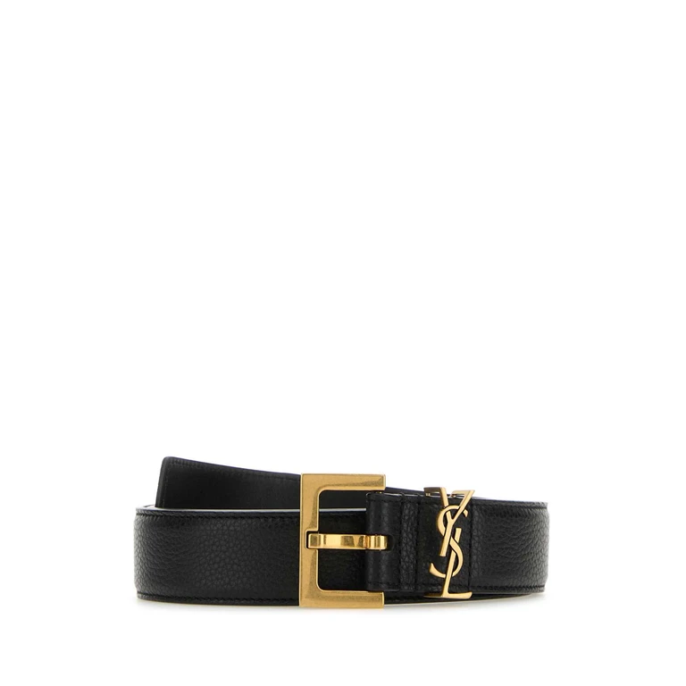 Saint Laurent Black Leather Cassandre Belt Nero Cinture - Women