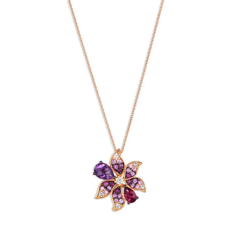 Multi-Gemstone & Diamond Flower Pendant Necklace in 14K Rose Gold, 20
