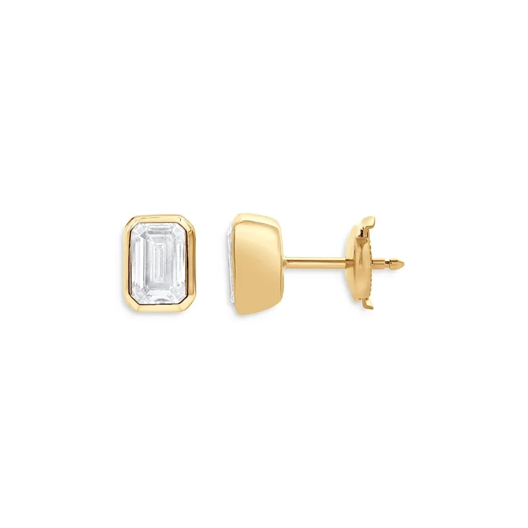 Certified Lab Grown Diamond Emerald-Cut Bezel Stud Earrings in 18K Yellow Gold, 3.0 tcw