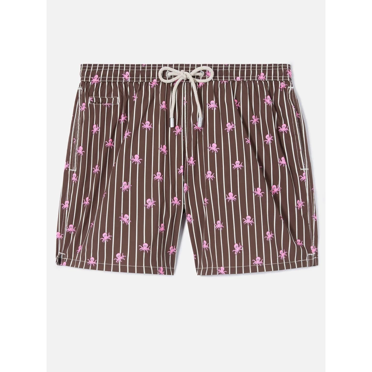 Mc2 Saint Barth Brown Striped Lighting Micro Swim Shorts With All-Over Octopus Print Swimshort - Men