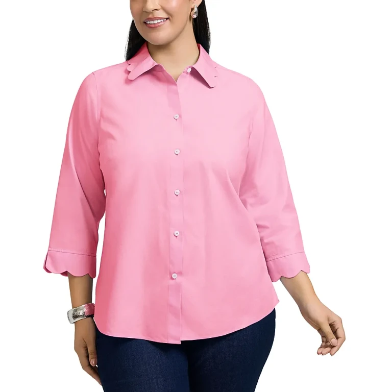 Foxcroft Plus Gwen Three Quarter Sleeve Pinpoint Oxford Shirt