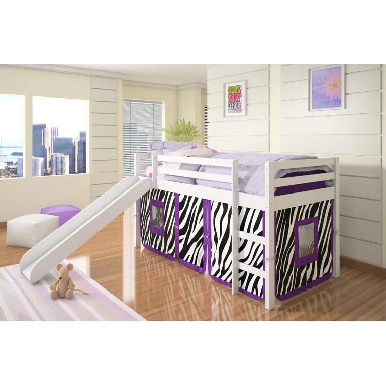 Haven White Twin Bed with Purple Zebra Tent