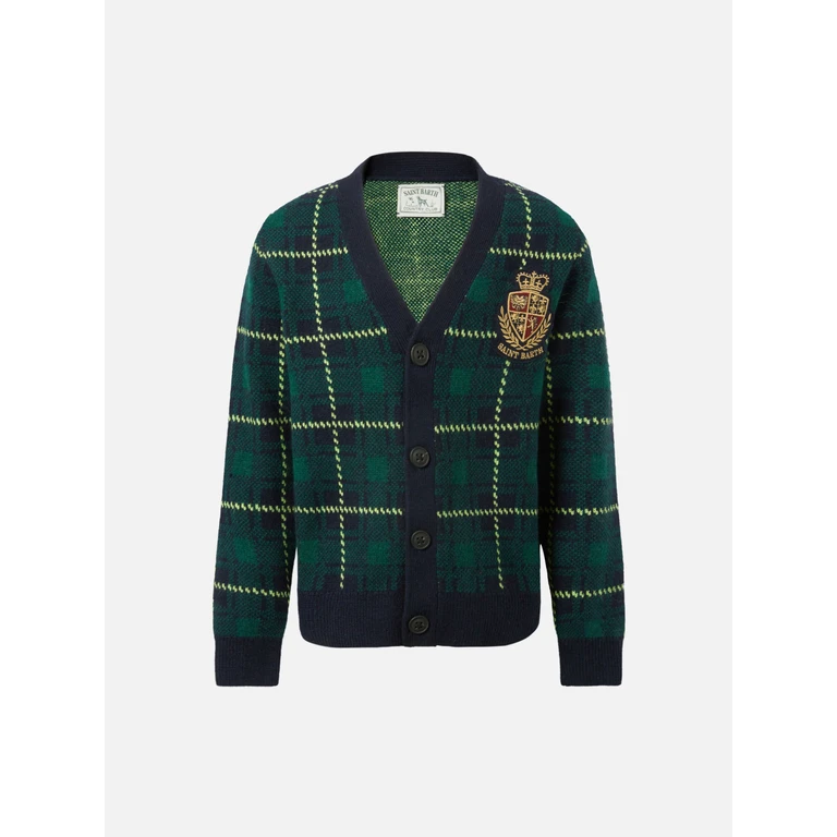 Mc2 Saint Barth Boy Cardigan With Tartan Jacquard Blue