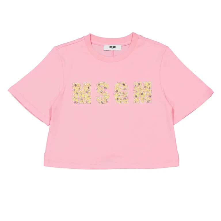 MSGM Girls Sequin Logo Cropped Cotton T-Shirt, Size 8Y