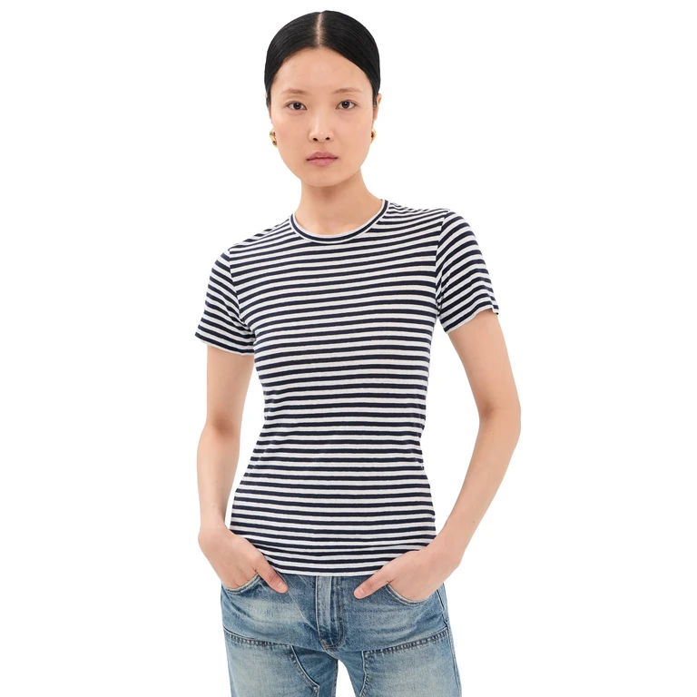 Nili Lotan Lana Crew Neck Tee White/Dark Navy Stripe XL