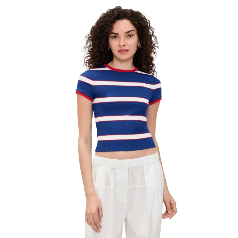 ALICE + OLIVIA Onie Baby Ringer Tee Glamour Stripe Twilight Blue L