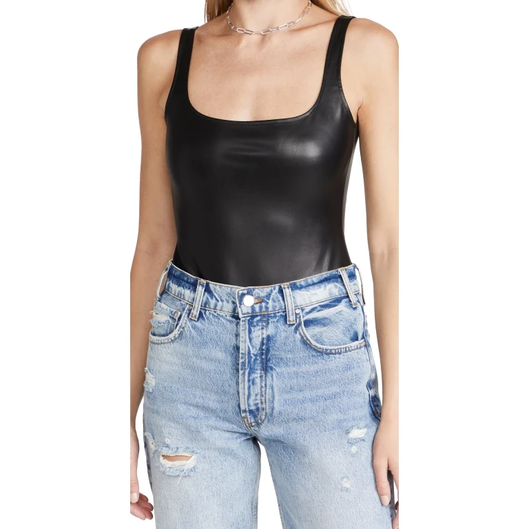 Susana Monaco Faux Leather Low Back Tank Thong Bodysuit Black L
