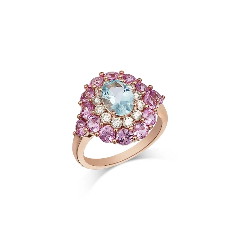 Aquamarine, Pink Sapphire & Diamond Halo Ring in 14K Rose Gold