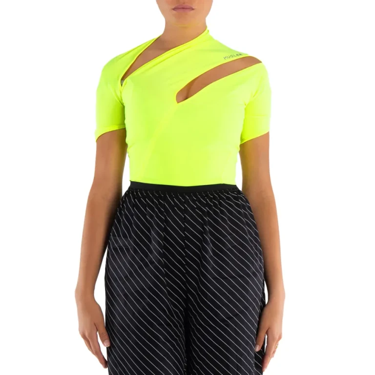 Thierry Mugler Ladies Neon Yellow Asymmetrical Eco Sport Lycra Bodysuit
