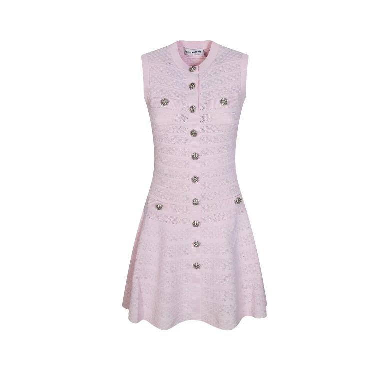Self-portrait Pink Pointelle Diamante Knit Mini Dress