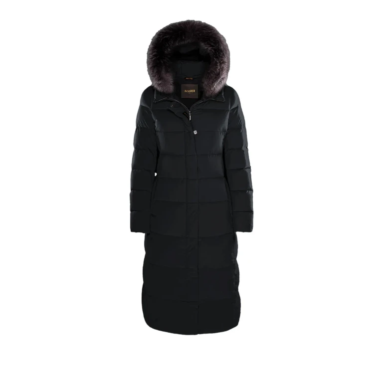 Doudoune Longue en Nylon Matelassé Imperméable avec Capuche en Shearling