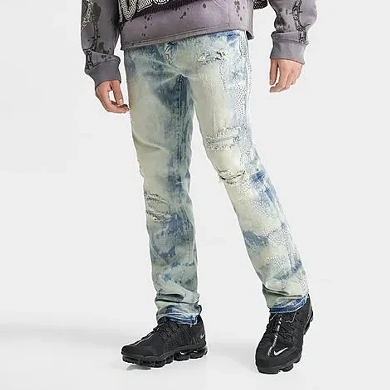 Smoke Rise Men's Rhinestone Scorpion Ripped Denim Jeans in Seville Blue Size: 30