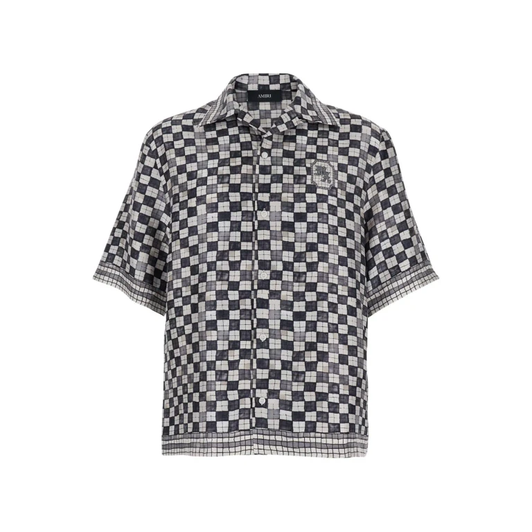 AMIRI Black Silk Shirt With All-over Check Motif And Logo Lettering On The Back Man