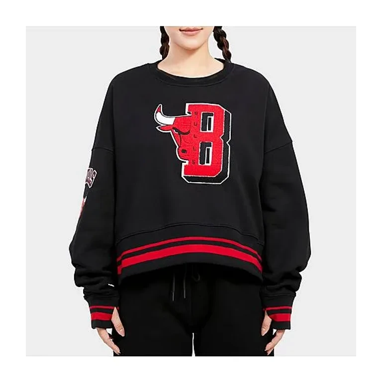 Pro Standard Women's Chicago Bulls NBA Mashup Rib Crewneck Sweatshirt in Black/Red/Black Size: XS