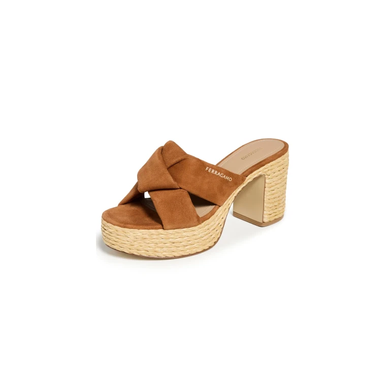 FERRAGAMO Douglas Platform Sandals Cognac Suede 8.5