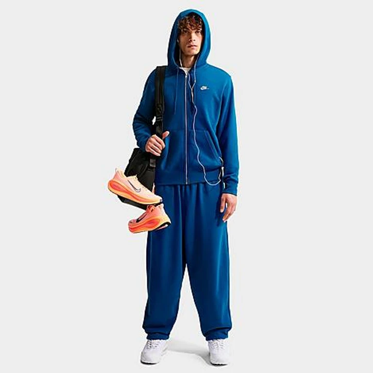 Nike Men's Club Fleece Embroidered Premium Full-Zip Hoodie in Court Blue/Court Blue/Light Khaki Size: XS