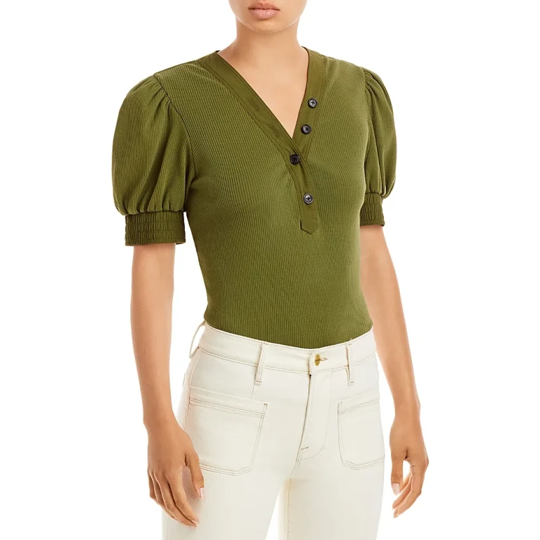 Derek Lam 10 Crosby Heather V Neck Puff Sleeve Top