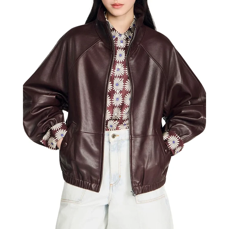 Sandro Oversized Zip Up Leather Jacket