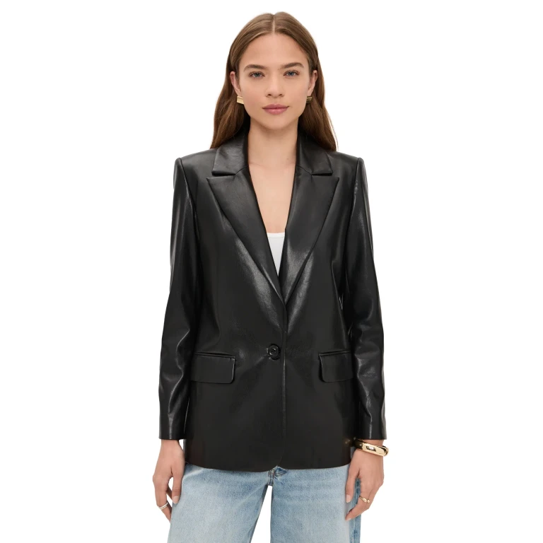 ALICE + OLIVIA Denny Vegan Leather Notch Collar Blazer Black XL