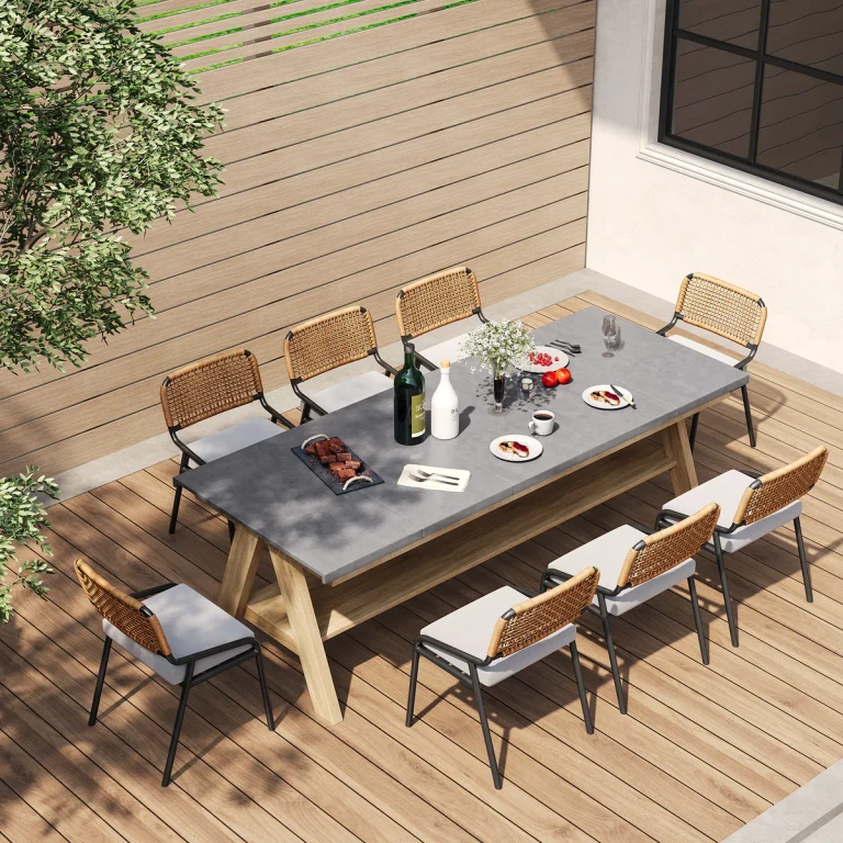 9 Pieces Mid Century Modern Outdoor Dining Set Rectangle Table & Aluminum Rattan Chair