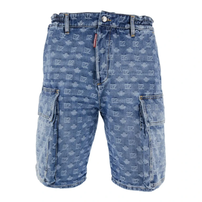 Dsquared2 Blue Five-pocket Bermuda Shorts With All-over Monogram Logo And Two Cargo Pockets In Denim For Men