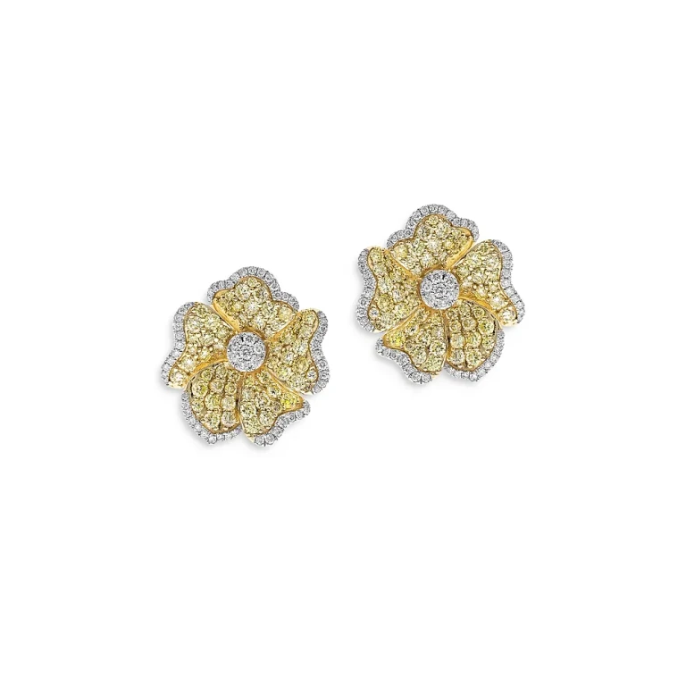 Yellow & White Diamond Flower Stud Earrings in 14K White & Yellow Gold, 4.4 tcw