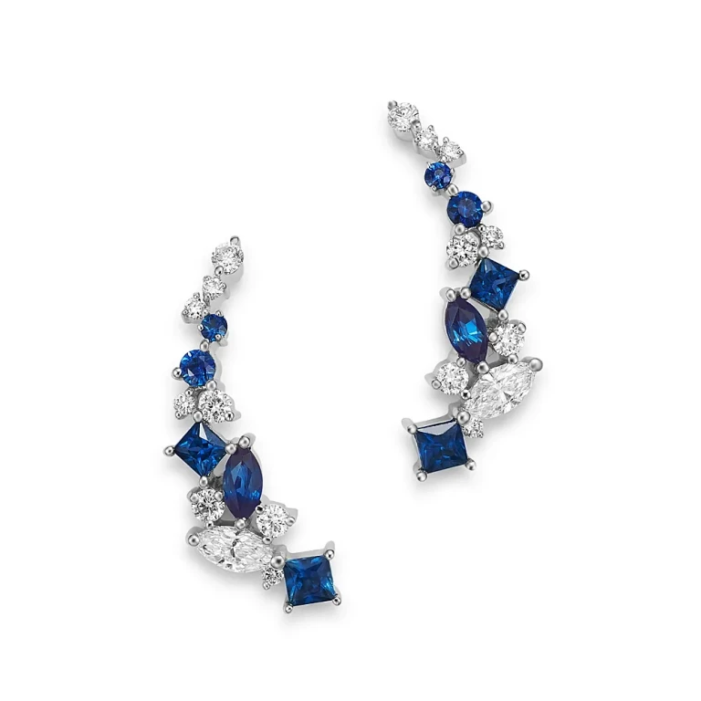 Diamond and Blue Sapphire Climber Earrings in 14K White Gold