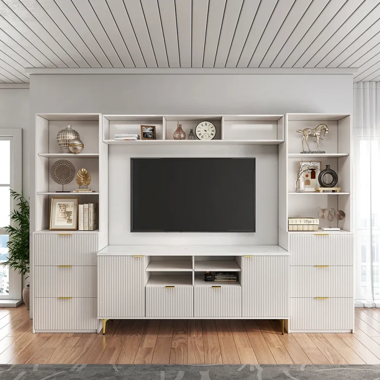 114.2" Fluted Wood Storage 4-Piece Entertainment Center with Bookshelf White TV Stand