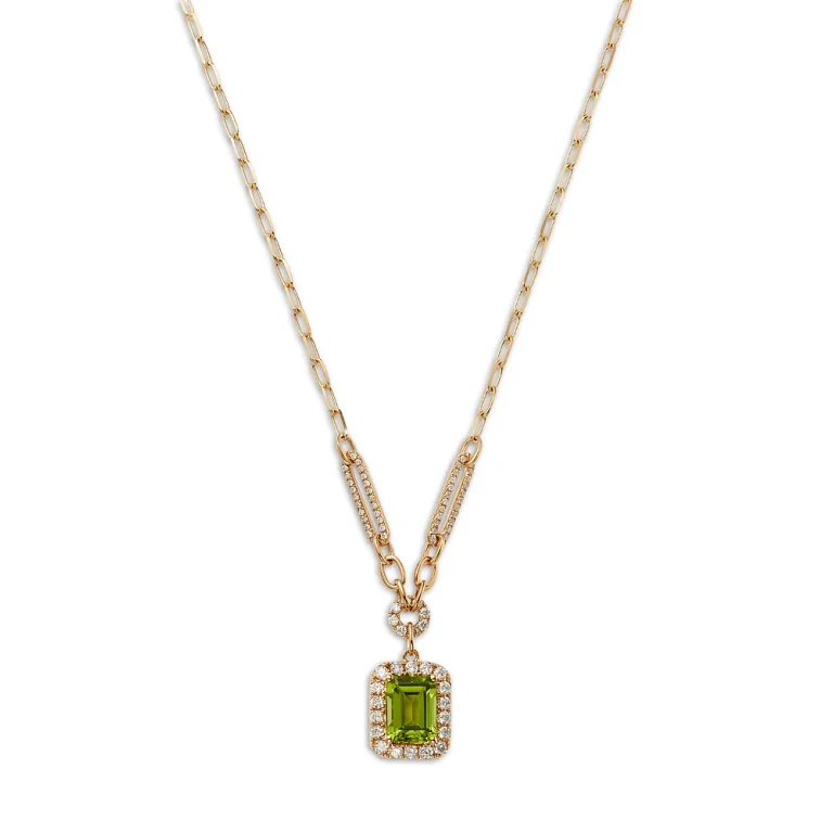 Peridot & Diamond Halo Pendant Necklace in 14K Yellow Gold, 18