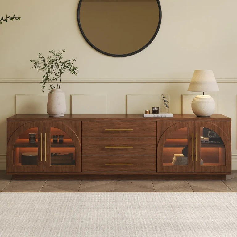 Arune 72" Mid Century Modern Black TV Stand with LED Lights and Arched Glass Cabinet Doors