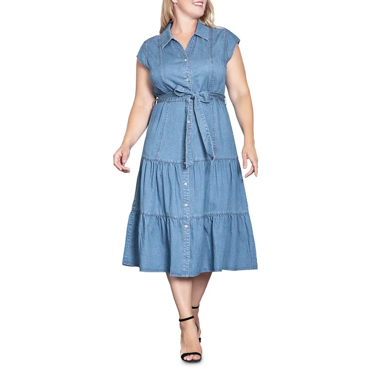 Plus Size Tiered Denim Midi Dress