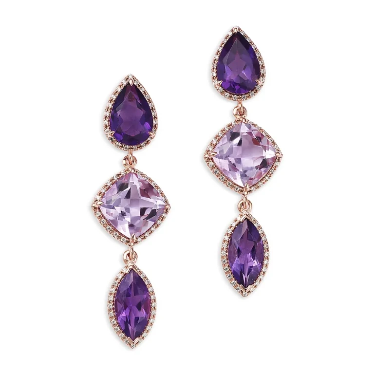 Mixed Cut Multicolor Amethyst & Diamond Drop Earrings in 14K Rose Gold